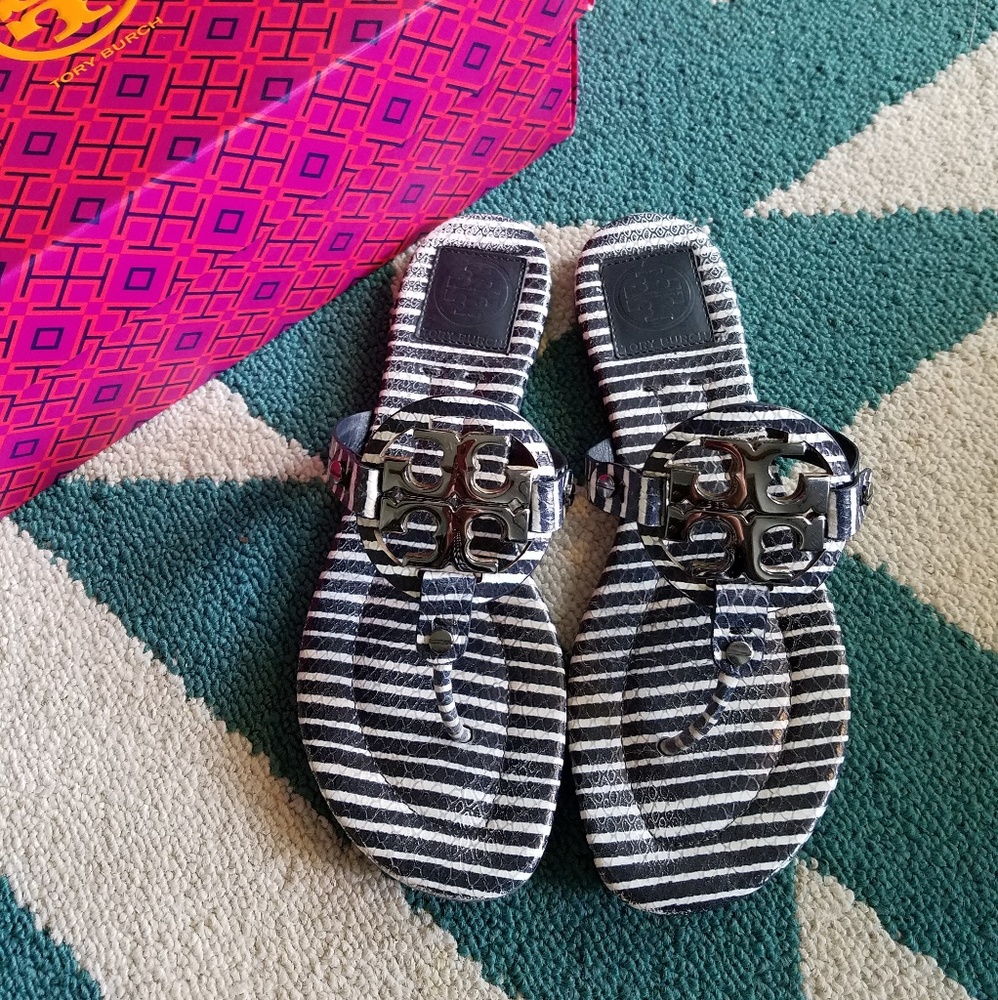 》SALE《{Tory Burch} Navy Stripe Miller Sandals